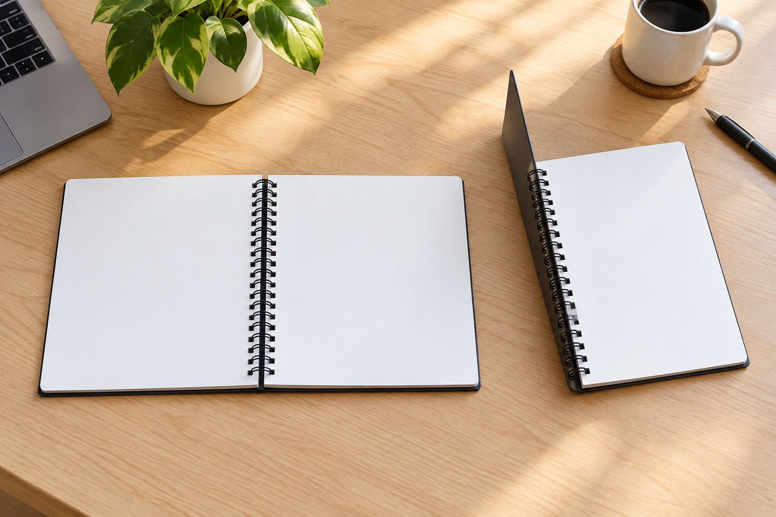 Twin-loop wire-bound books shown open flat and folded back to display a single page