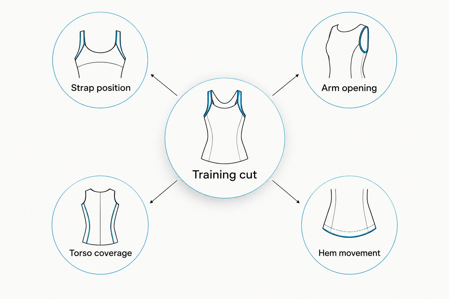 Four gym-top fit checks: strap position, arm opening, torso coverage, and hem movement.