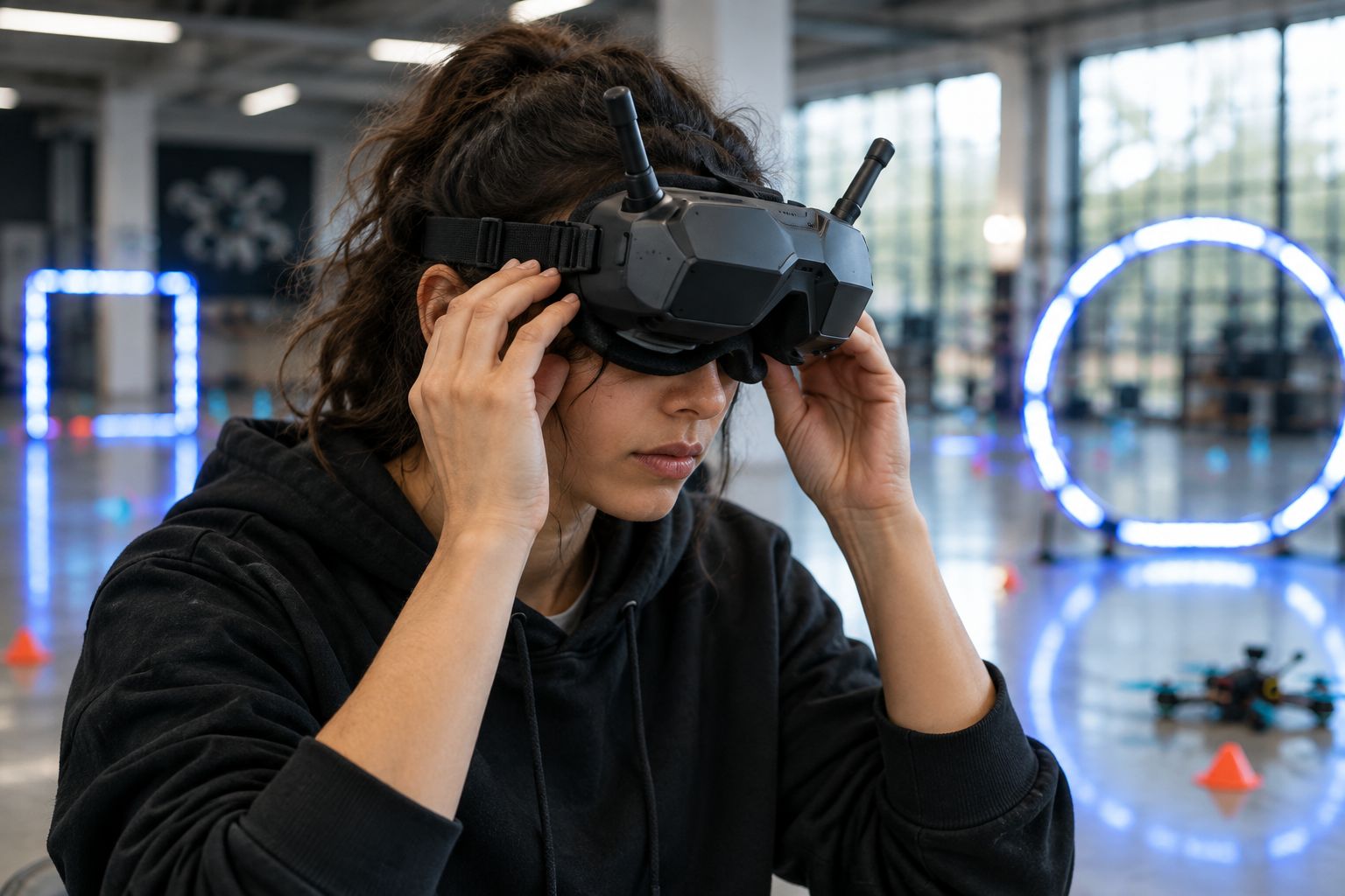 Pilot adjusting FPV goggles before an indoor racing session