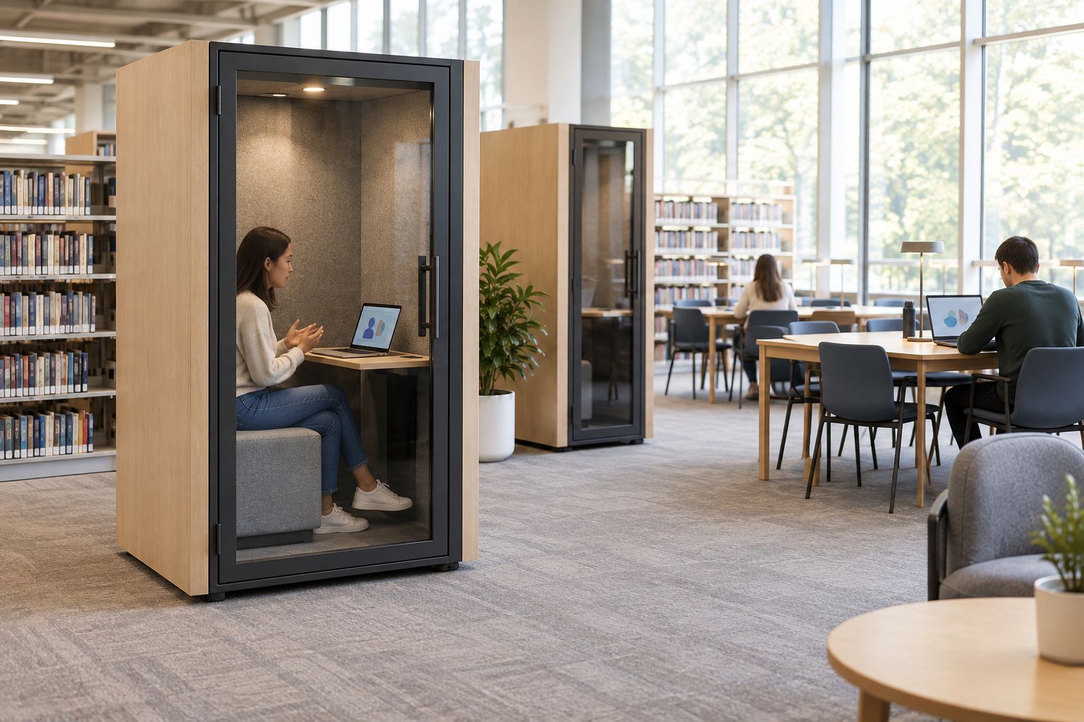 Library reading tables beside a generic acoustic enclosure used for an individual online call