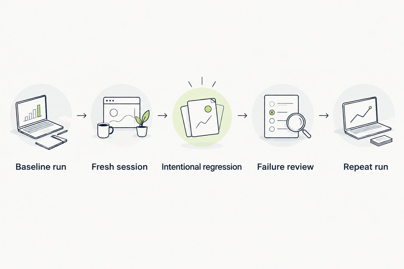 Evaluation sequence from a baseline run through regression detection and a repeat run