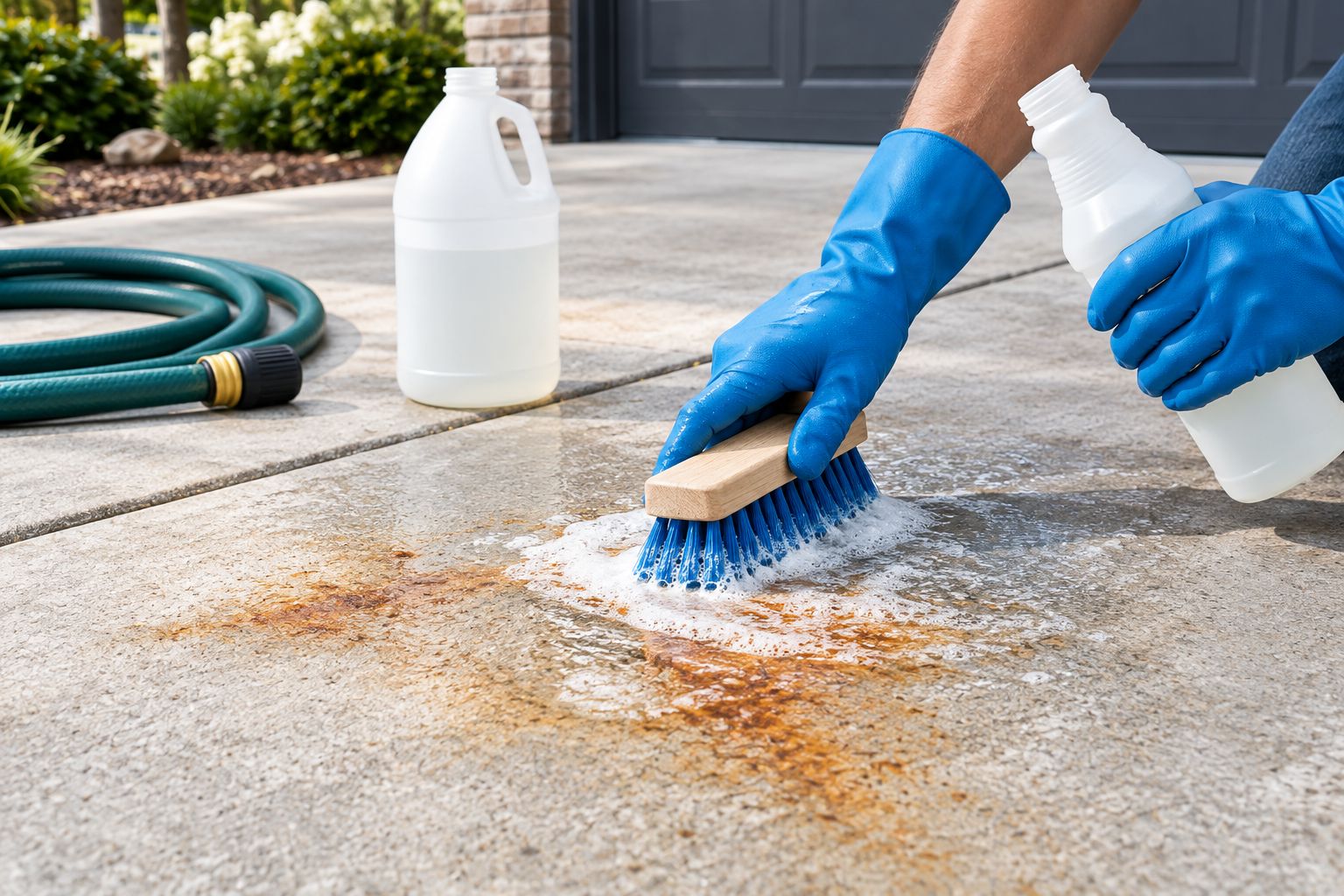 Cleaning solution being applied to a rust stain on a concrete driveway