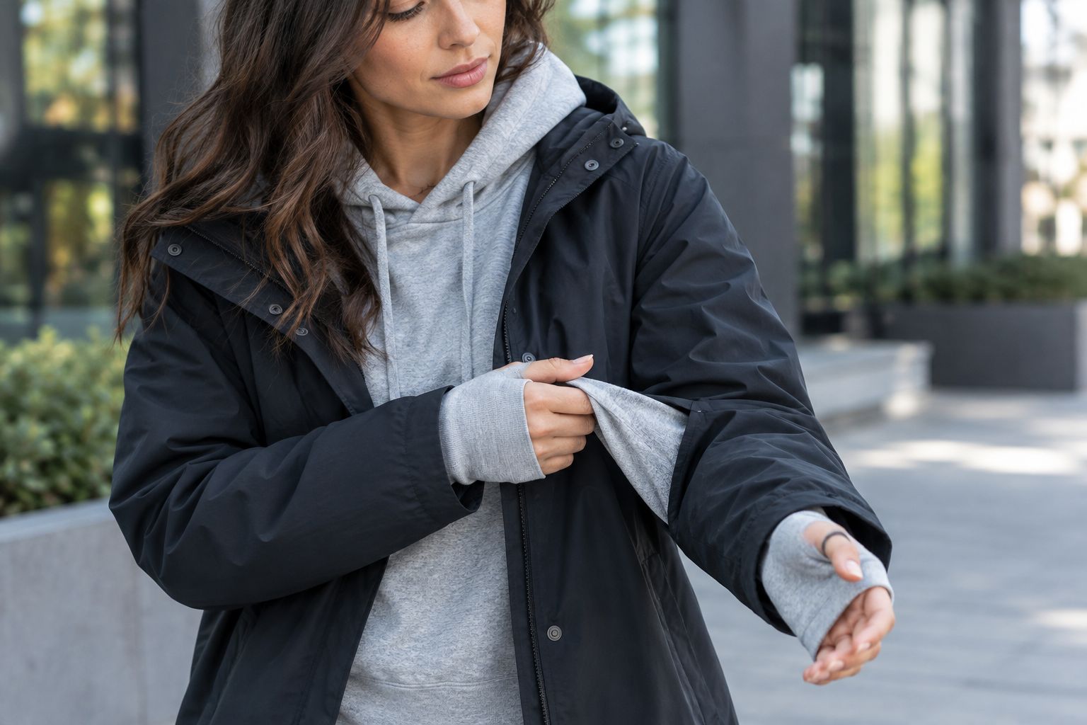 A thumbhole holds a hoodie sleeve in place while a jacket is pulled over it