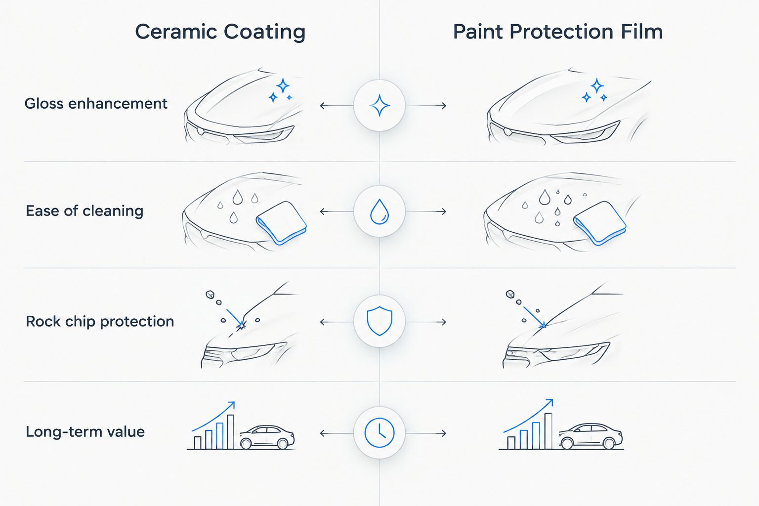 Two column comparison of ceramic coating and paint protection film across four categories