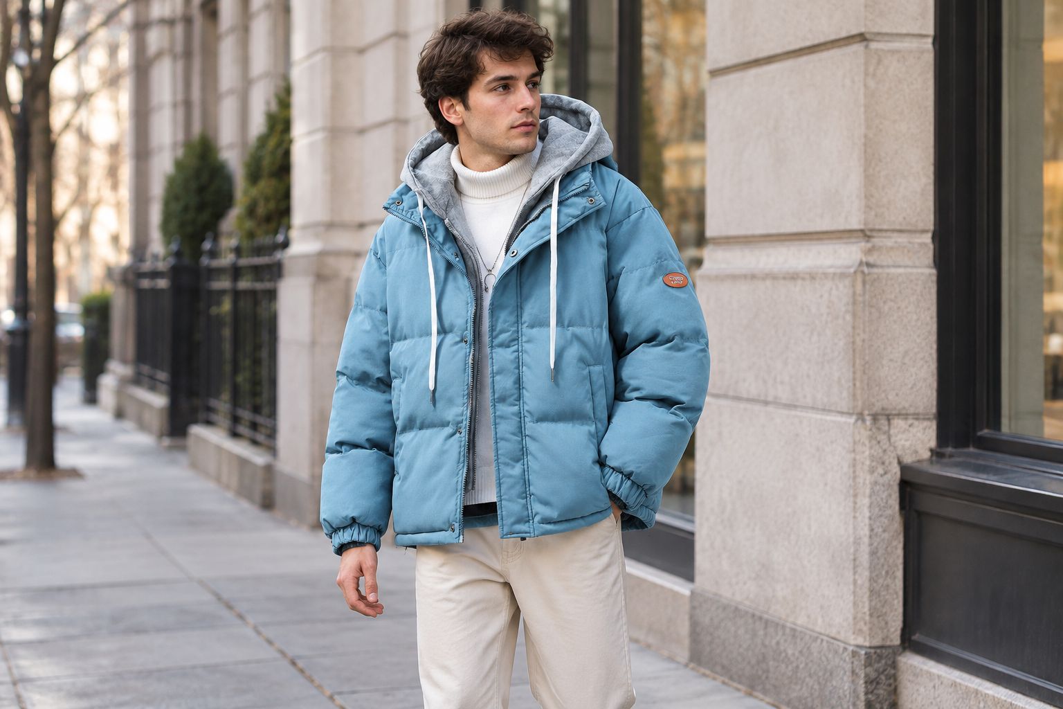 Adult wearing a hooded layered-look jacket with plain straight-leg trousers on a city sidewalk