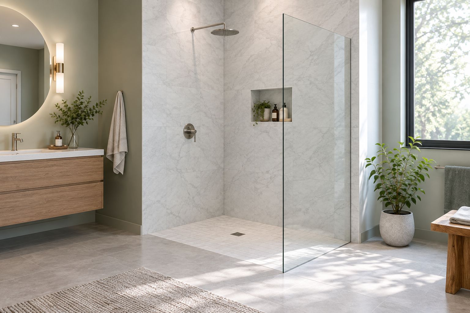 Fixed shower glass panel beside an open entrance, with the showerhead facing the enclosed area