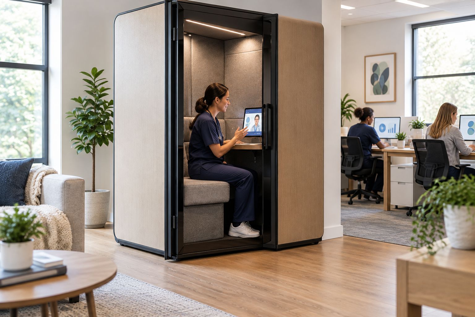 Solo soundproof pod used for a telehealth call in a home healthcare back office