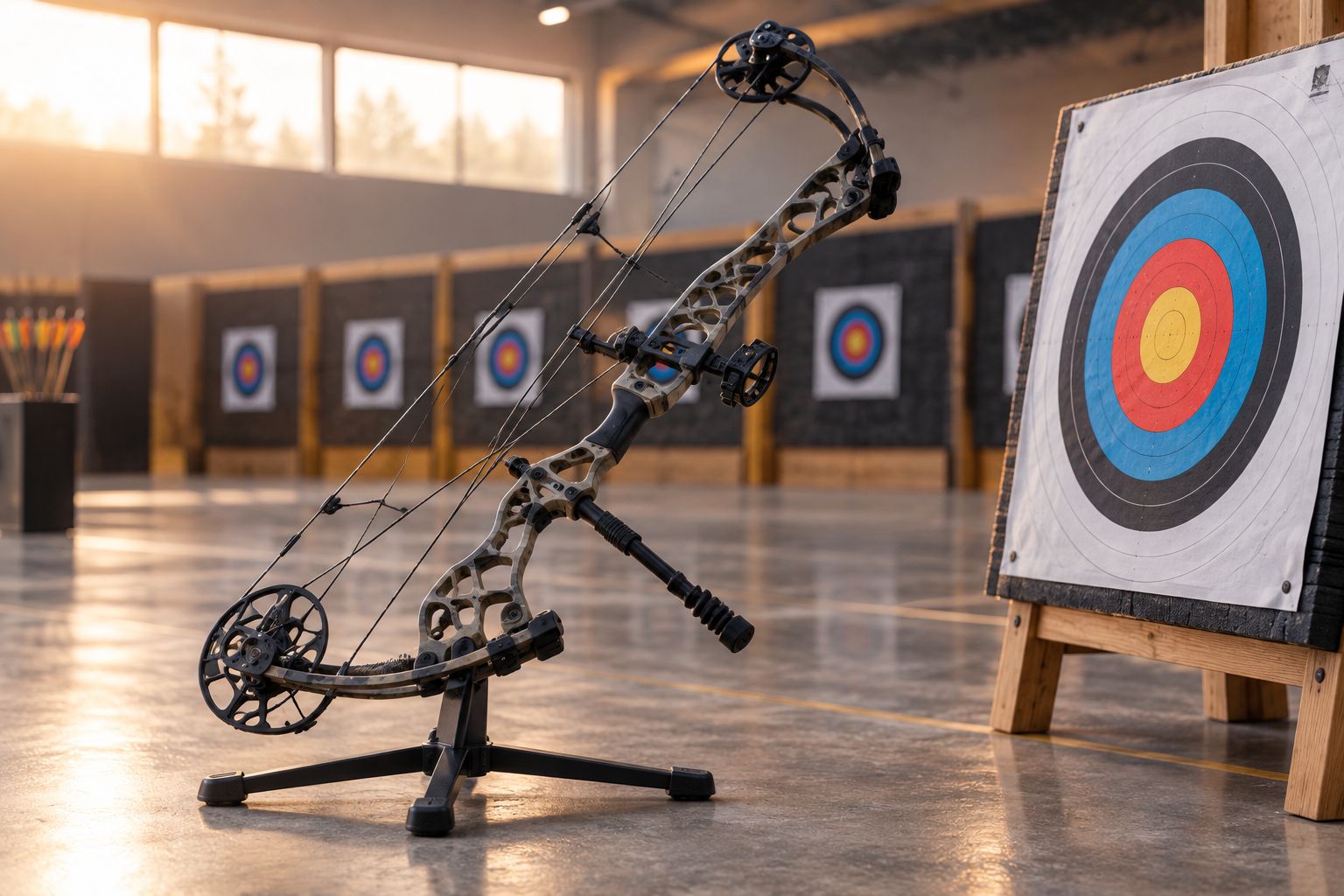 Unbranded compound bow on a stand at an indoor target-archery range