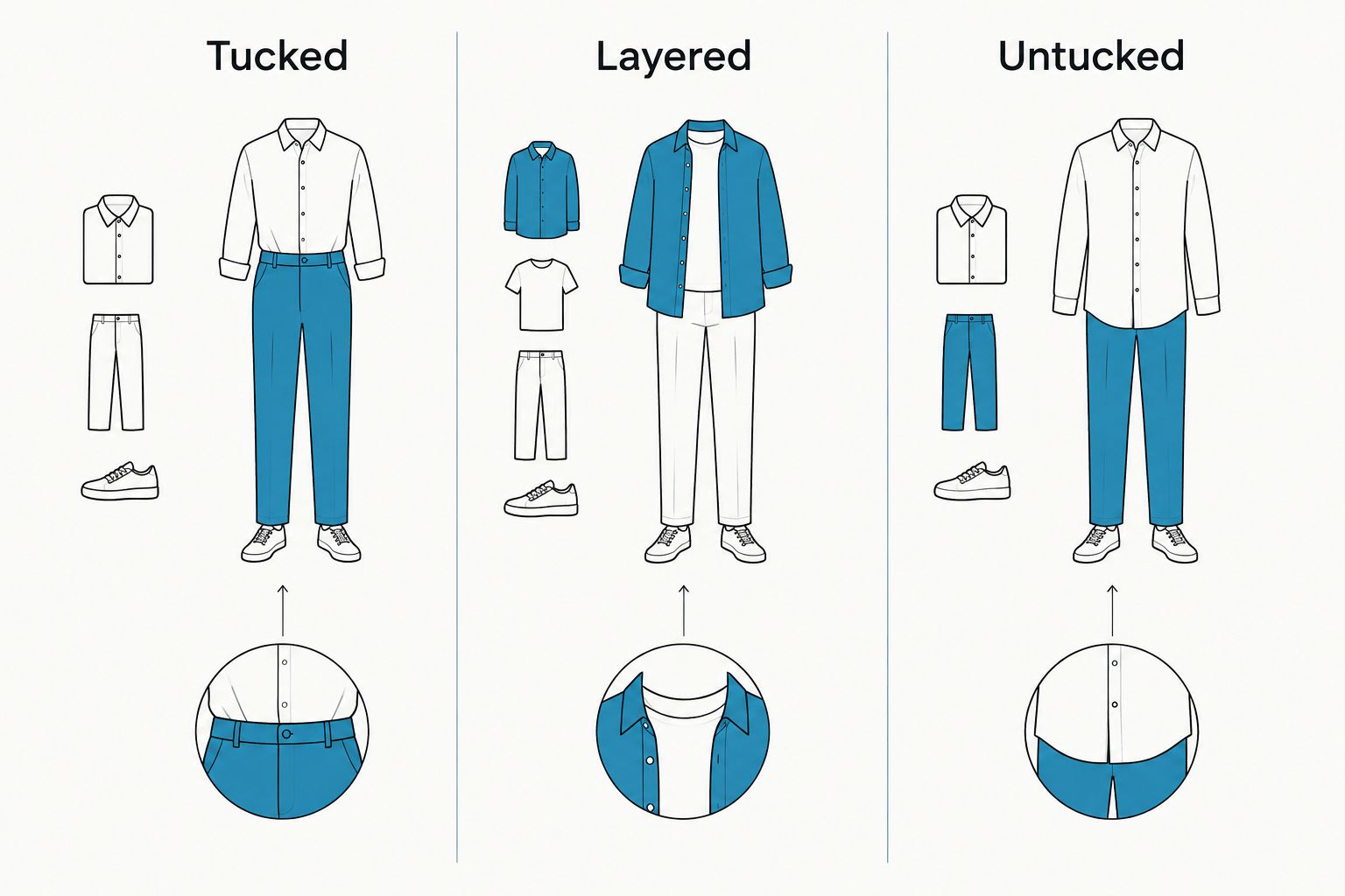 Three shirt outfit tests: tucked, layered and untucked
