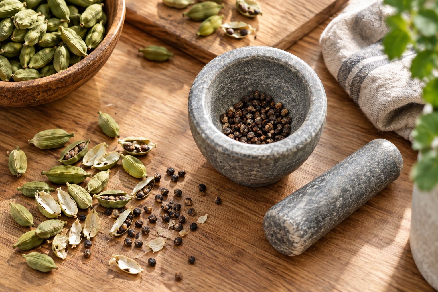 Opened cardamom pods with seeds separated from husks beside a mortar and pestle