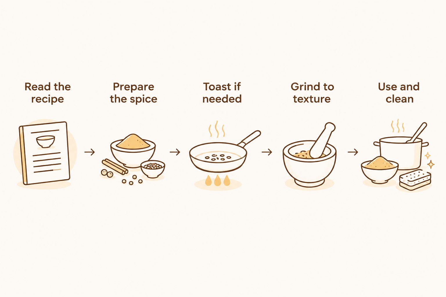 A sequence showing recipe checks, spice preparation, optional toasting, grinding, and cleanup