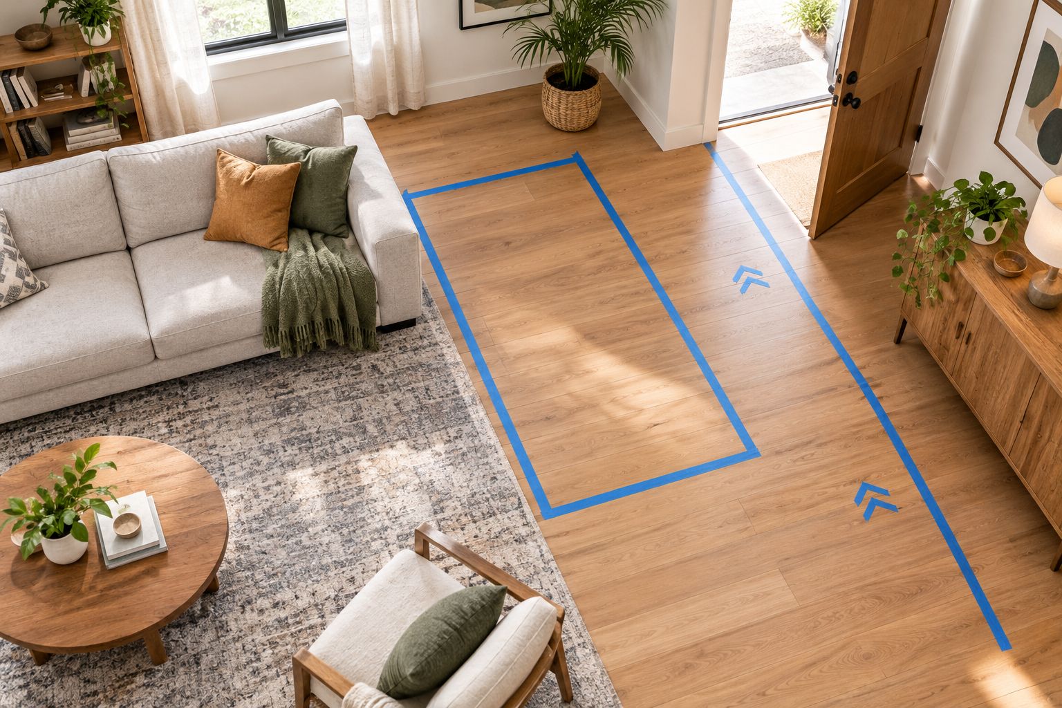 A taped furniture footprint beside a sofa shows how a proposed piece affects the room's walking route.