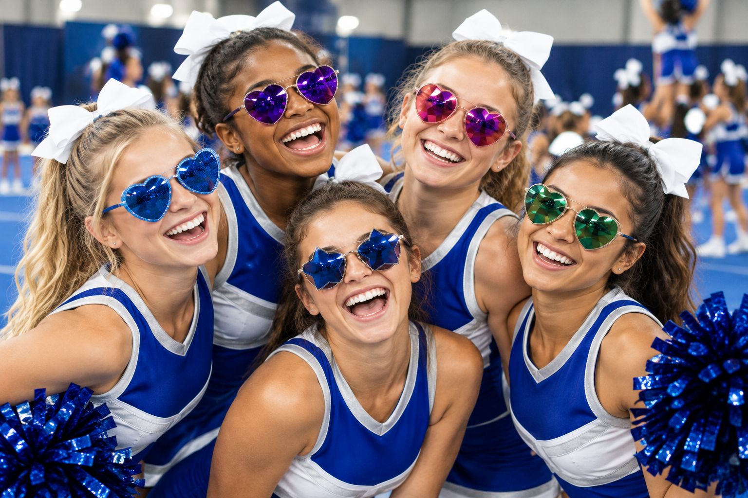 Cheer squad in uniform wearing graphic party sunglasses for a group photo