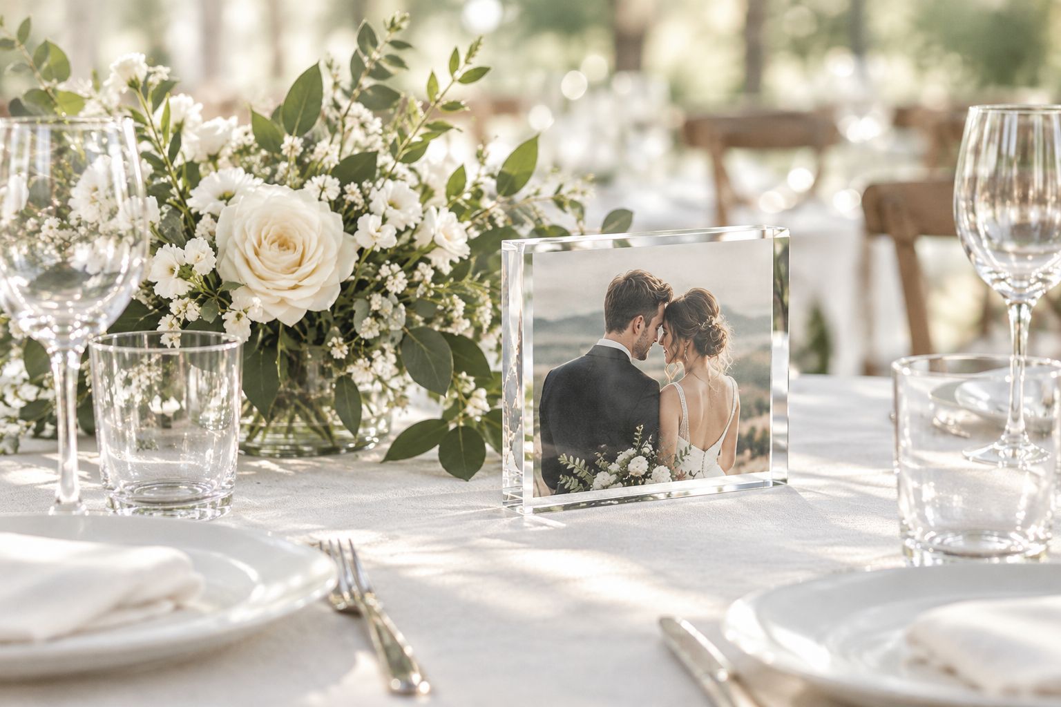 A low wedding-table photo display beside flowers, with clear space around plates and glasses