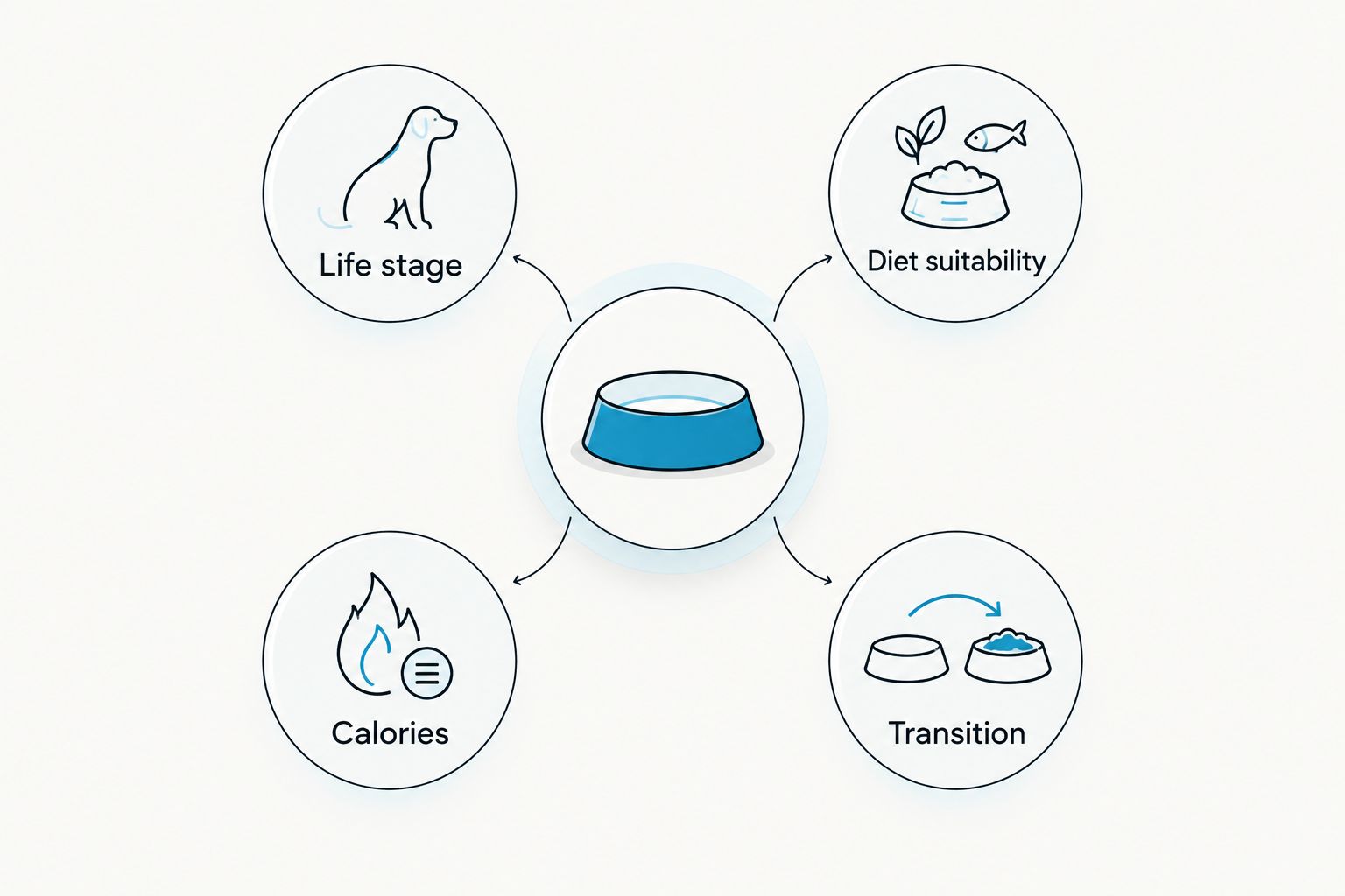 Four checks for comparing dog foods: life stage, diet suitability, calories, and transition