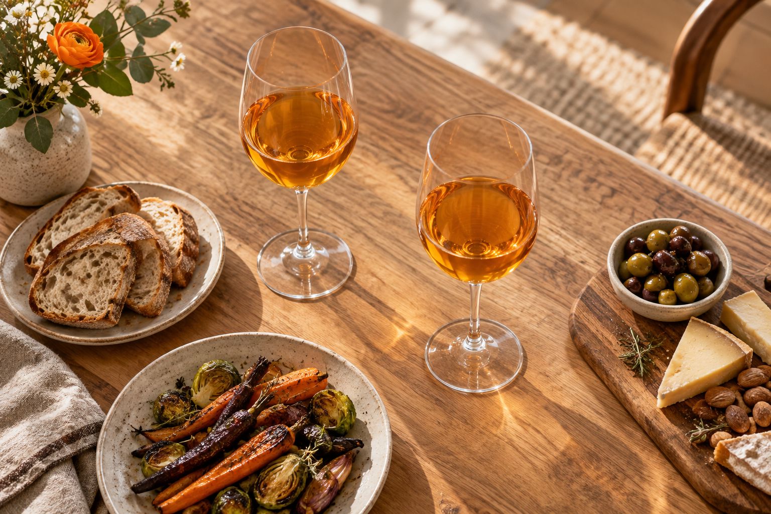 Two glasses of amber wine beside bread, roasted vegetables, and cheese