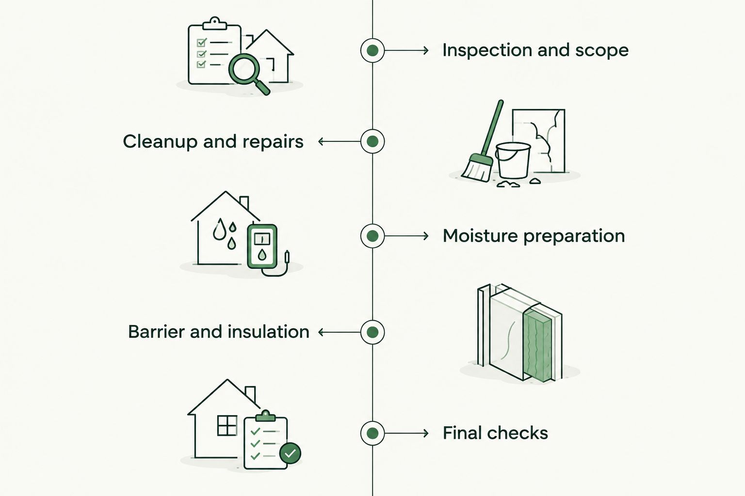 Crawl space project stages from inspection through preparation, installation, and final checks