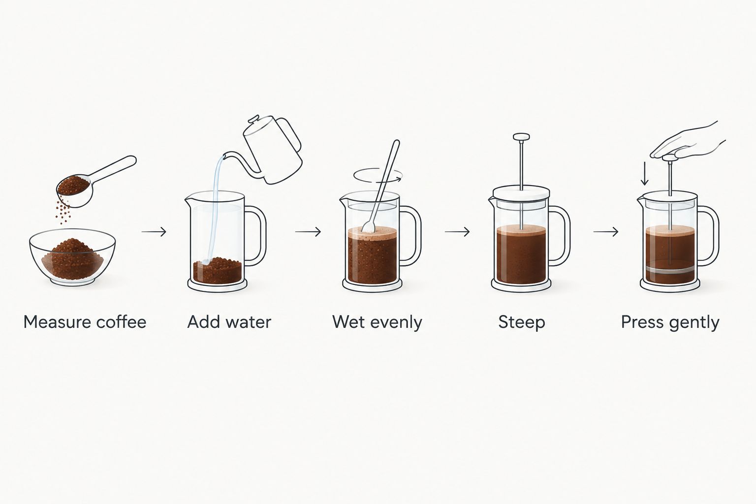 French press brewing sequence from measuring coffee to pressing gently