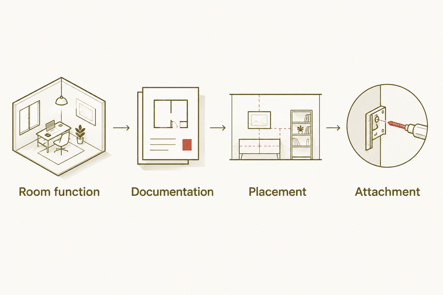 Four planning stages for school wall panels: room function, documentation, placement, and attachment