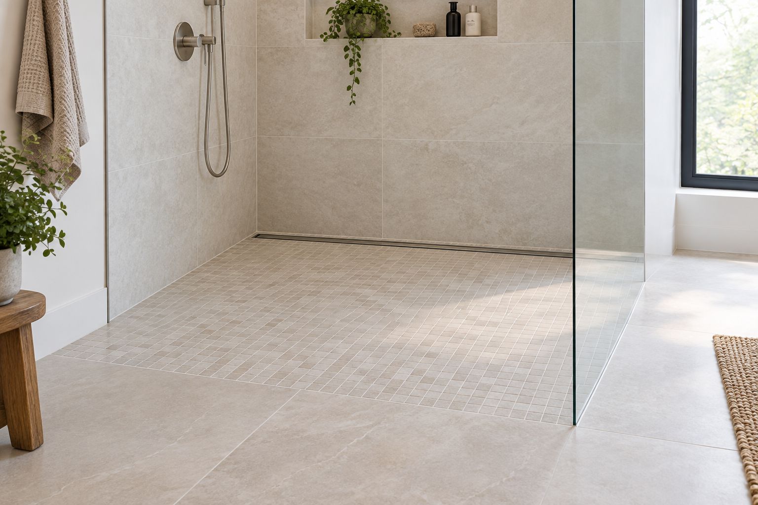 Curbless shower floor with linear drain and flush threshold