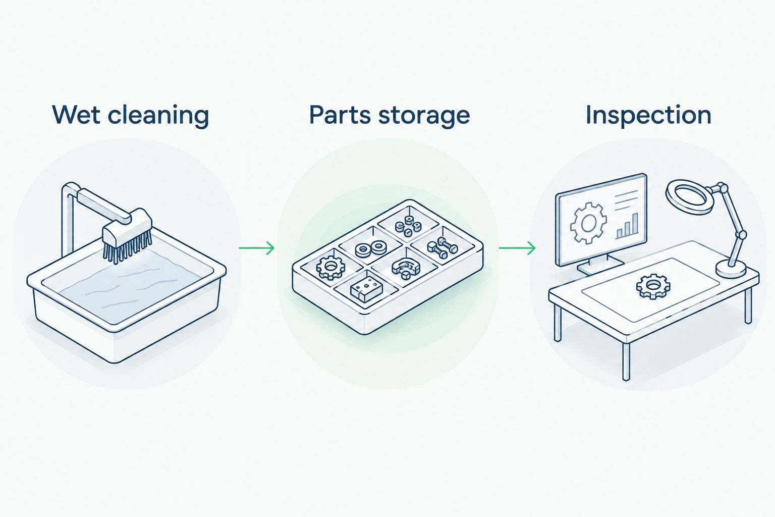 Three bench zones separating wet cleaning, parts storage, and inspection