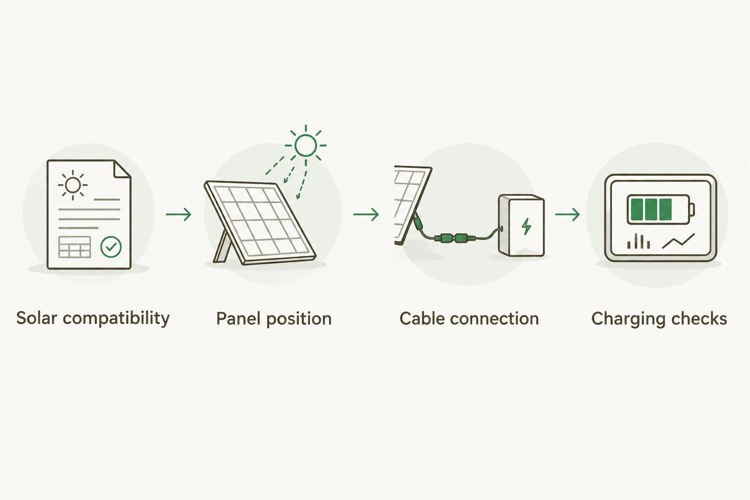 Solar setup sequence from compatibility checks to positioning, connection and charging verification