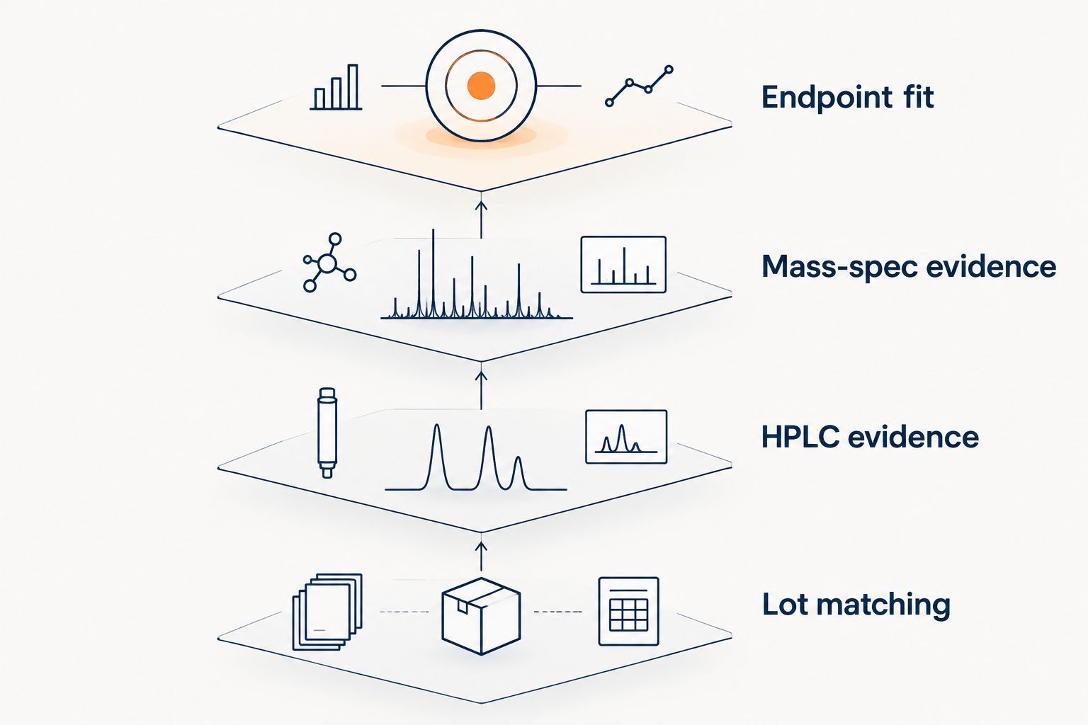 Four review priorities covering lot matching, HPLC, mass spectrometry and experimental endpoint fit