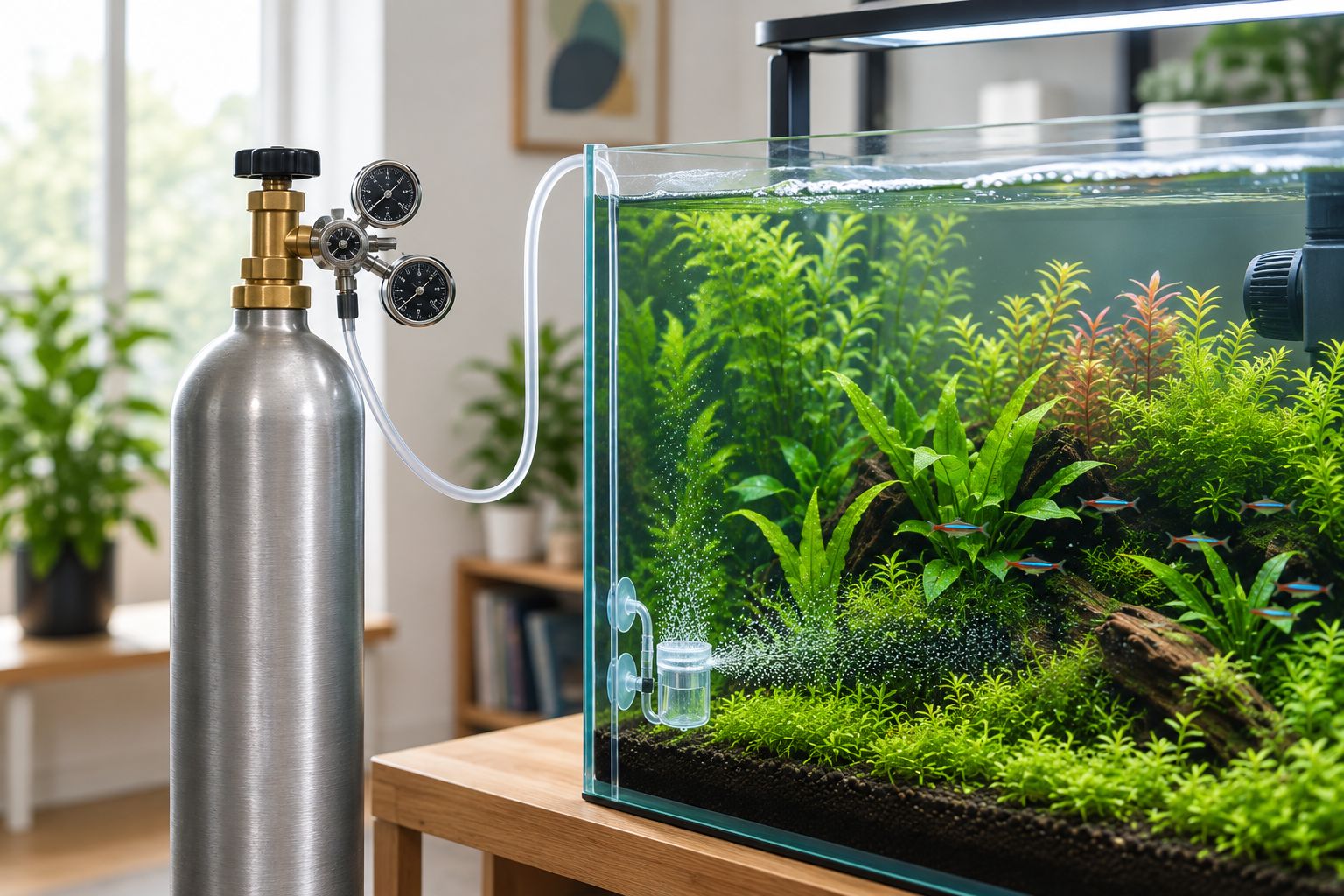 In-tank CO2 diffuser positioned where filter circulation carries bubbles through the aquarium