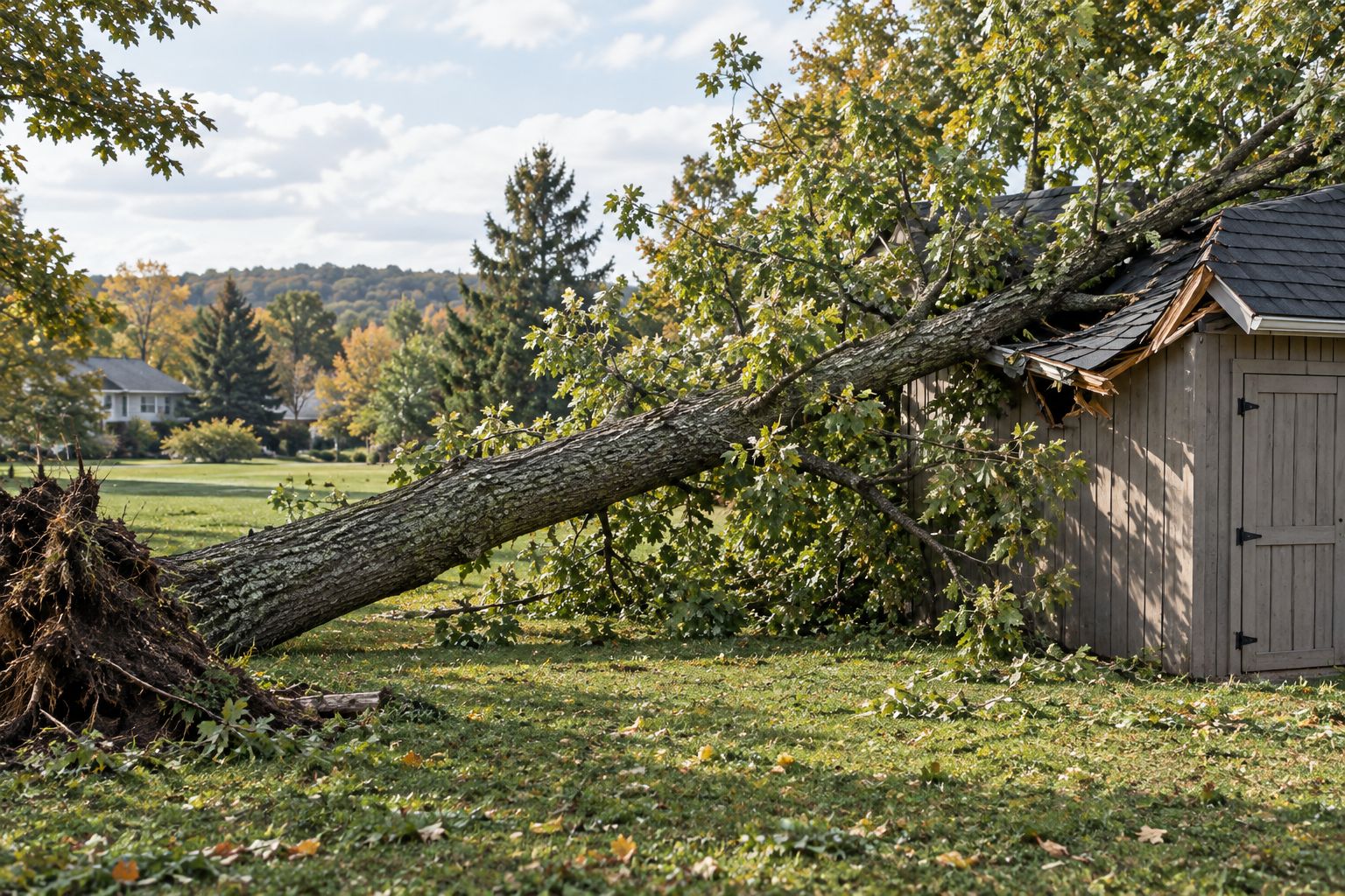 A fallen tree resting against a damaged shed roof, viewed from across the yard