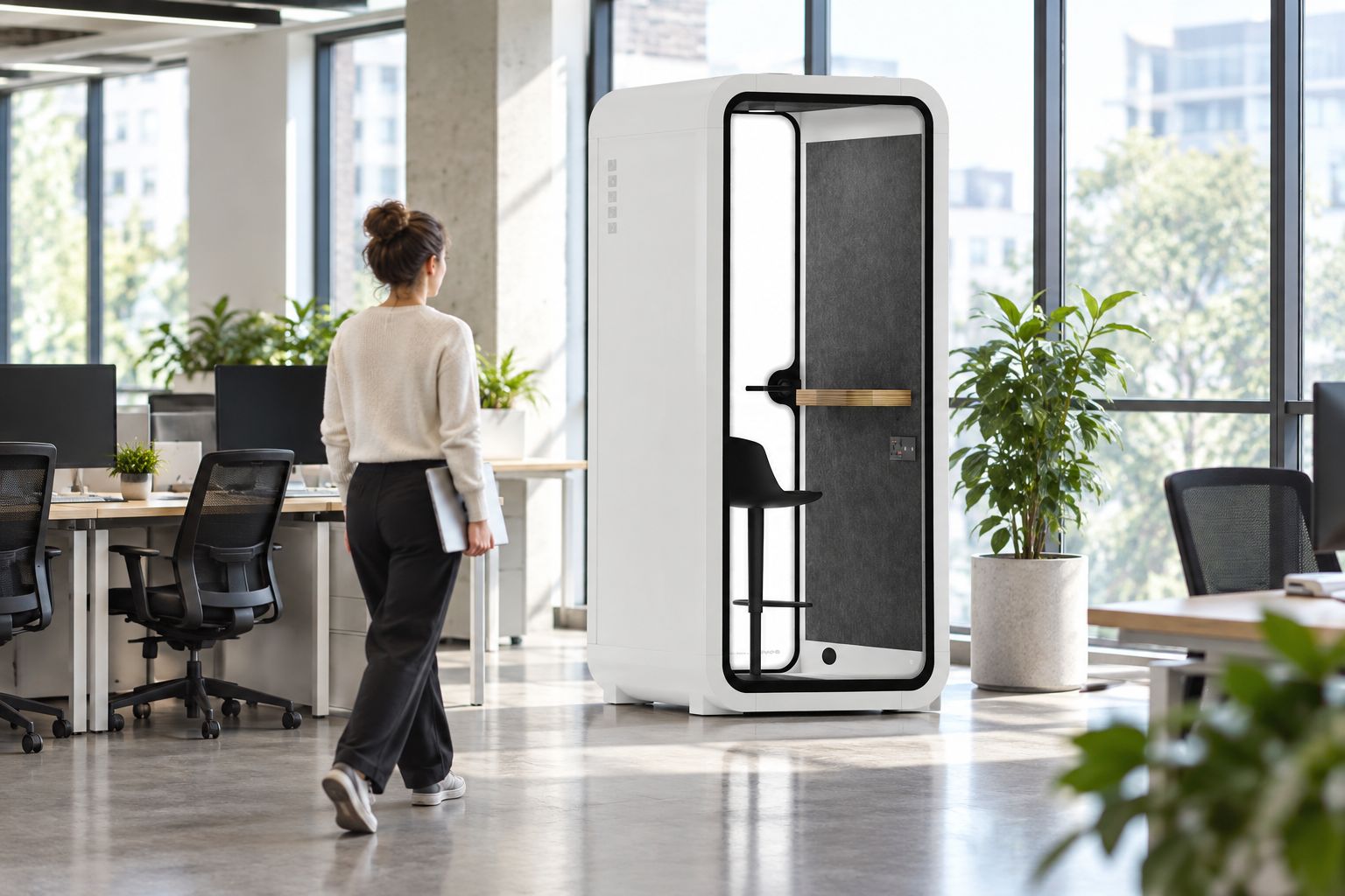Solo office pod positioned near desks in an open-plan office