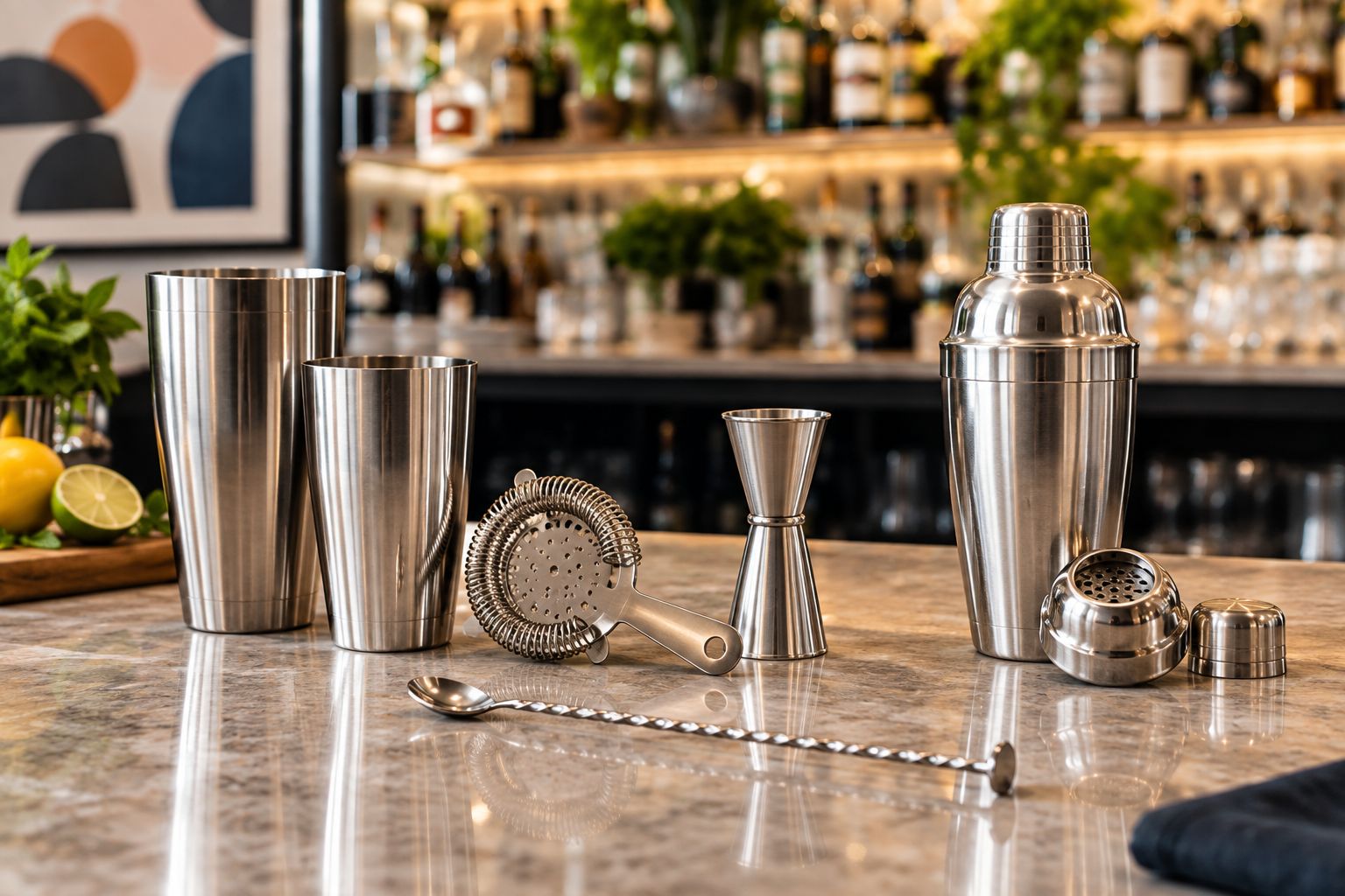 Boston shaker with separate tools beside the parts of a cobbler shaker