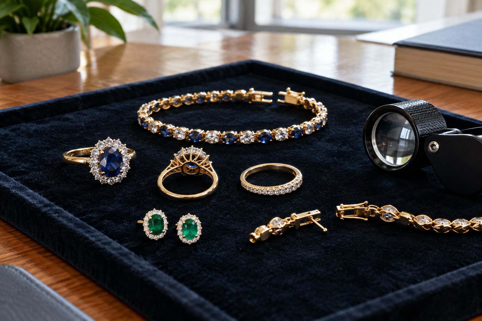 Estate jewelry arranged to inspect a ring shank, setting underside, and bracelet clasp