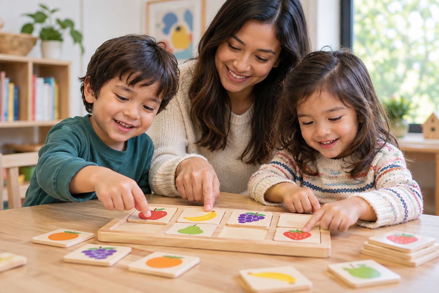 Two children and a parent pointing at picture cards on a wooden matching game