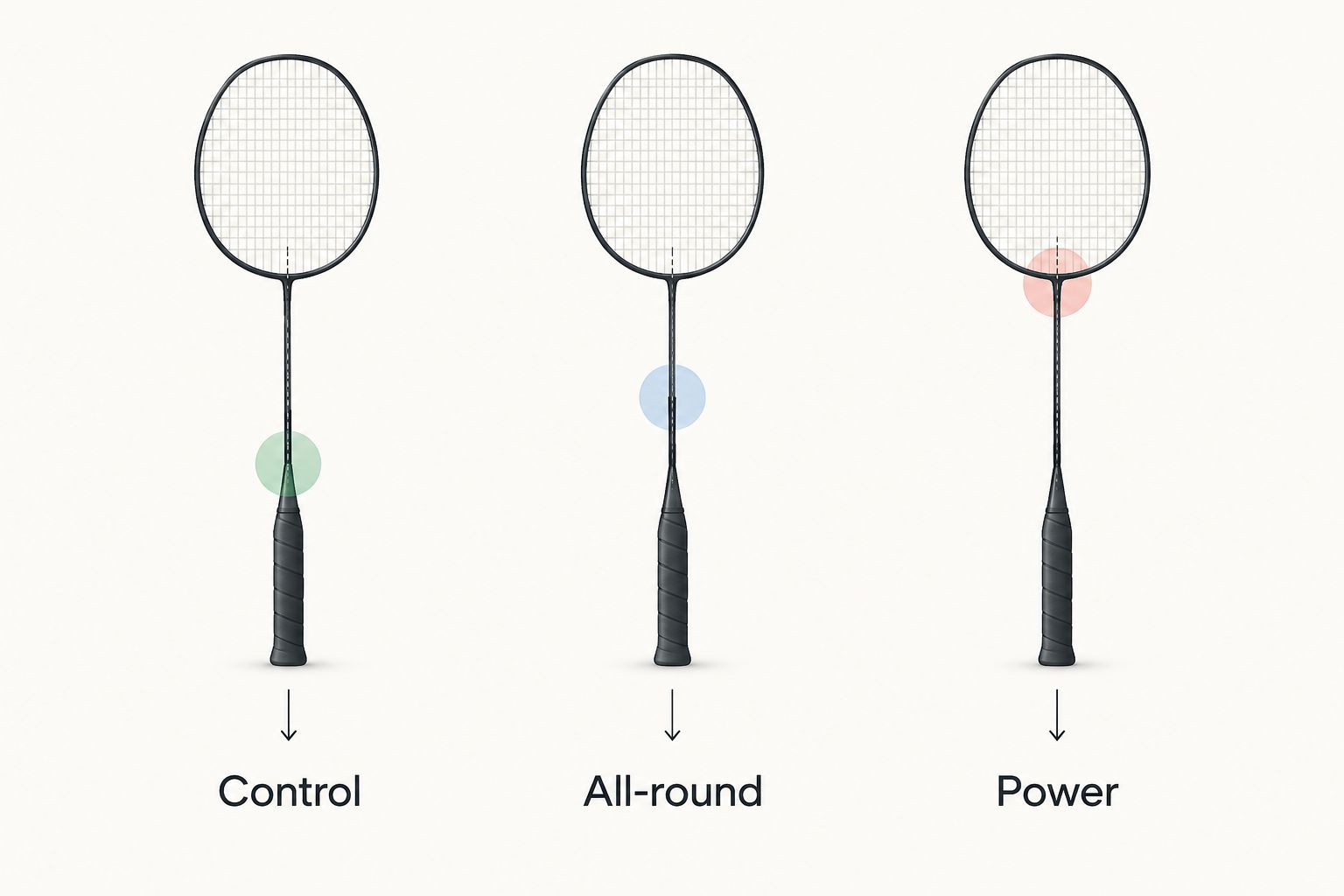 Diagram comparing head-light, even, and head-heavy badminton racket balance