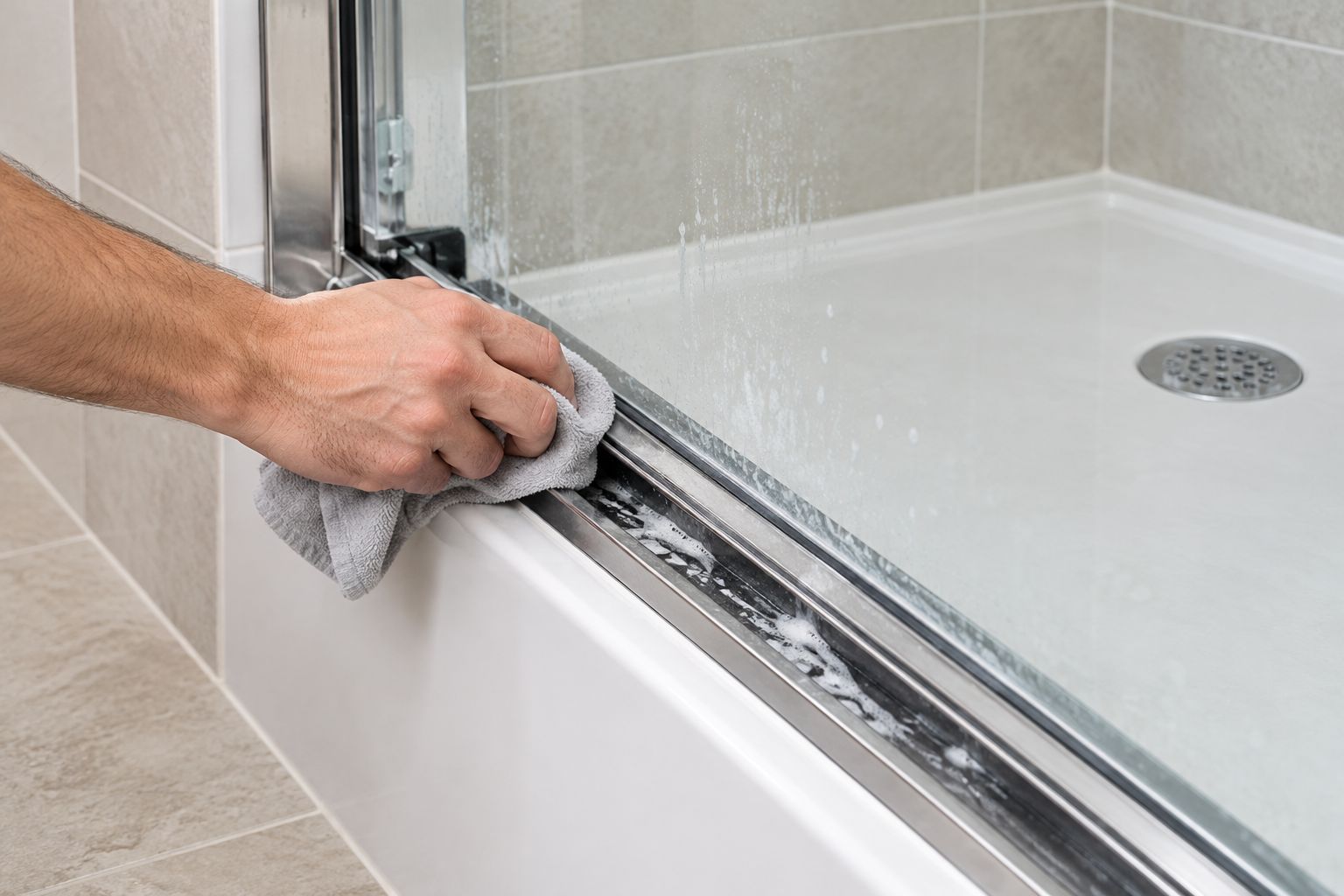 Soft cloth cleaning an accessible shower door channel beside a stationary glass panel