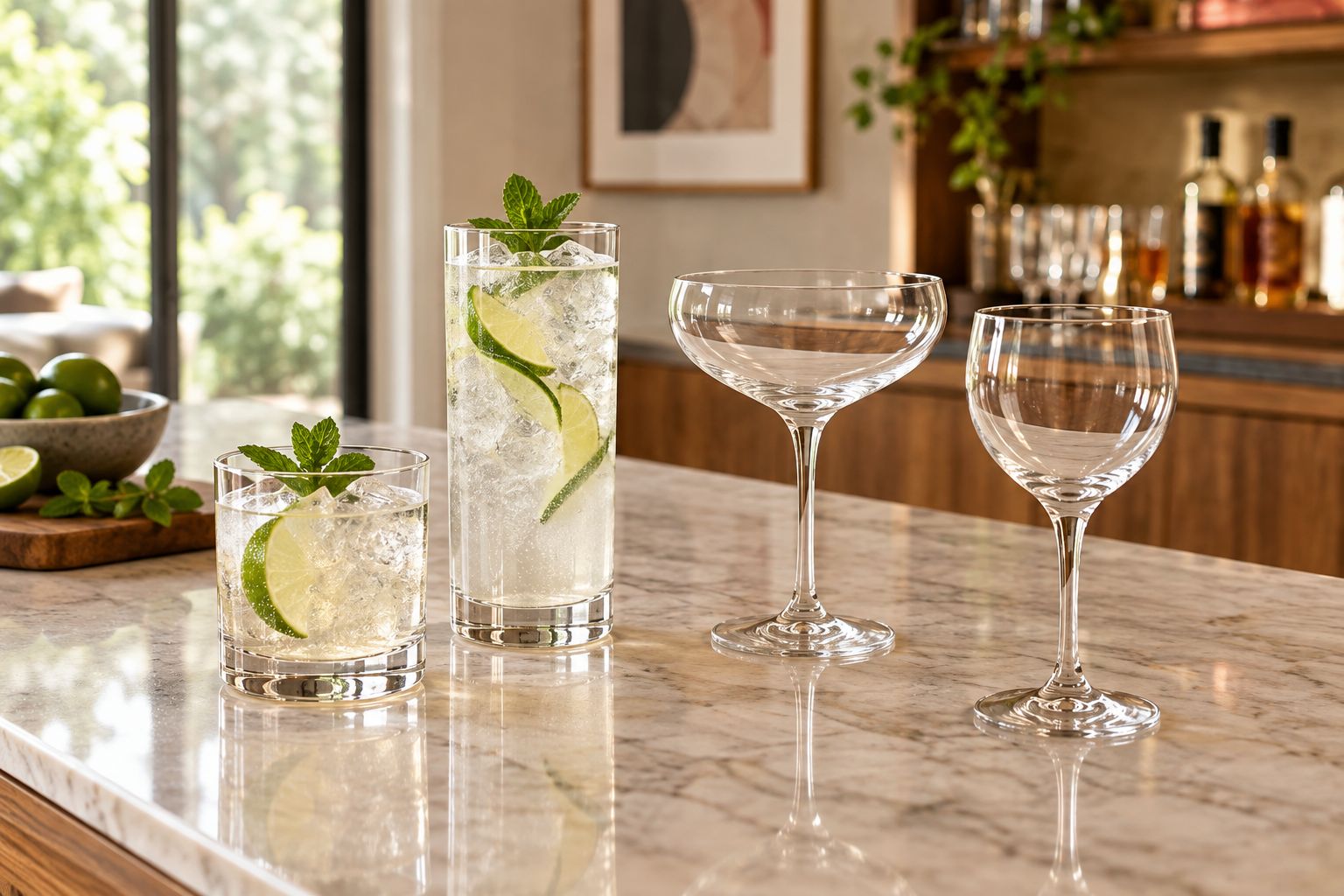 Rocks, highball, coupe, and Nick and Nora glasses showing different shapes and serving styles.