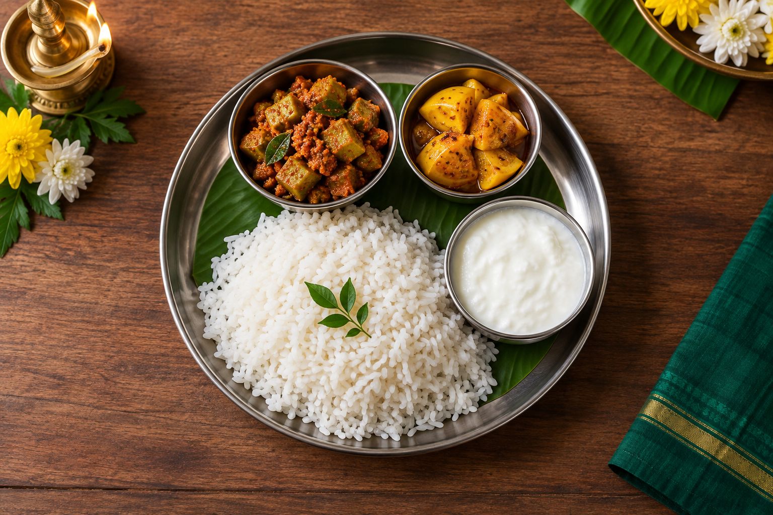 South Indian thali with rice, curd, and small bowls of veg pickle