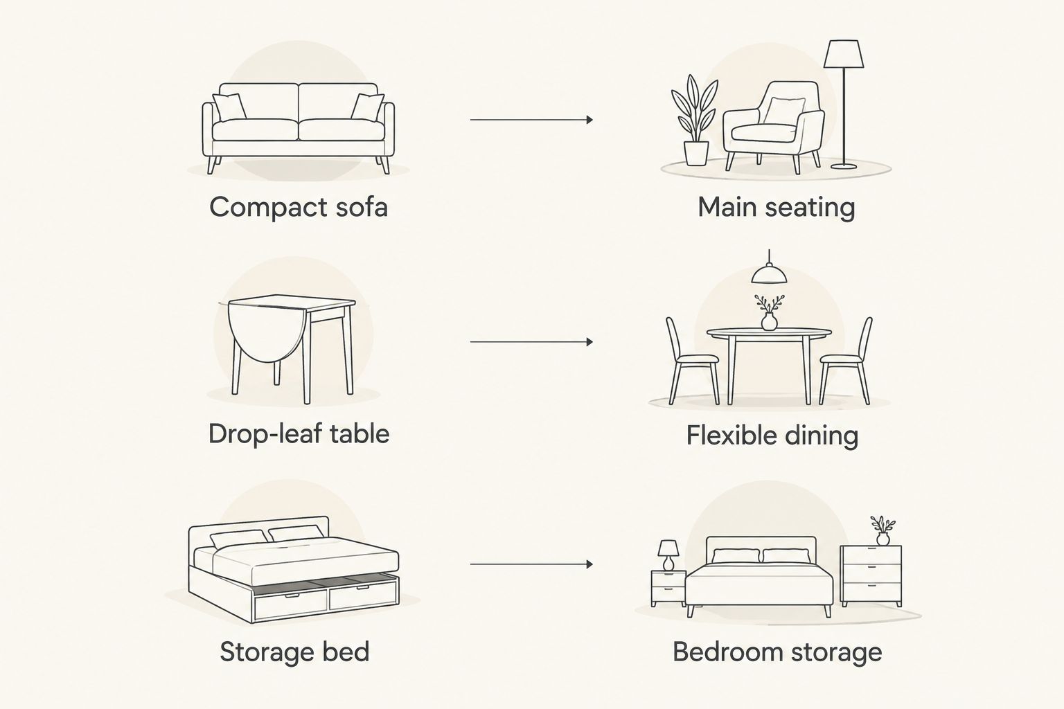 Three furniture types paired with the small-home tasks they solve