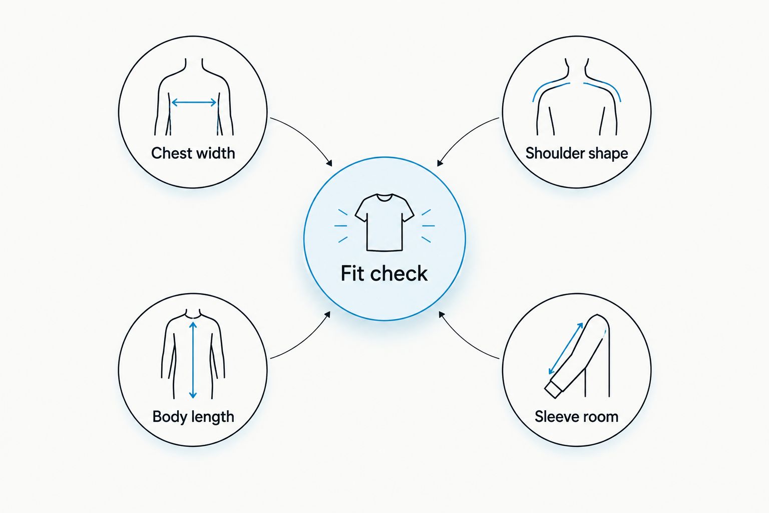 Four checks for a broad-build tee: chest width, shoulder shape, body length, and sleeve room.