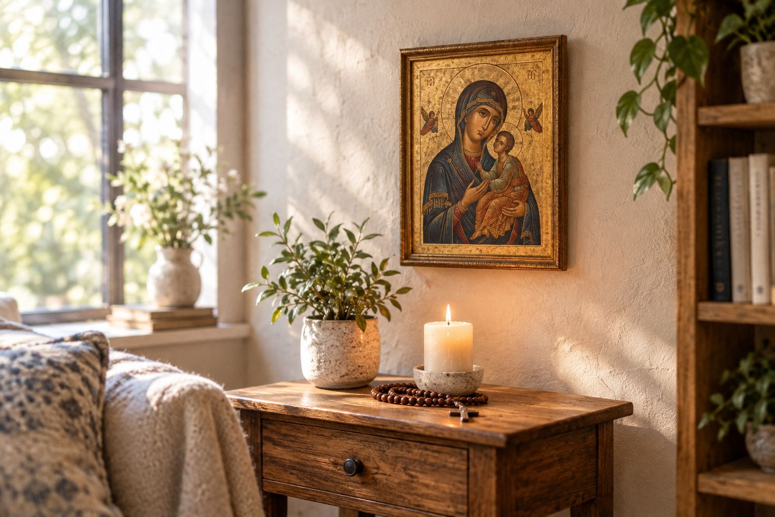 Home prayer corner with a framed devotional icon above a small table