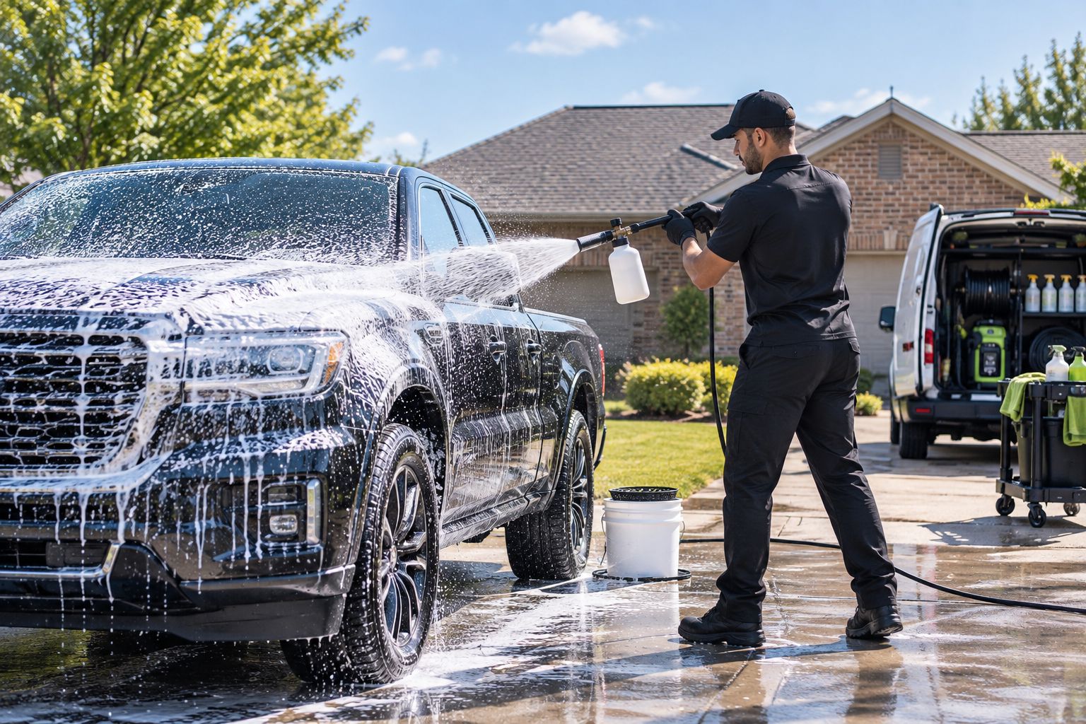 Mobile detailer foam-washing a truck in a driveway using a bucket and foam cannon