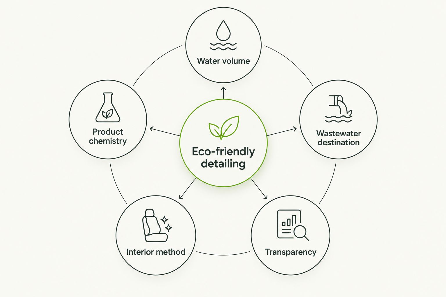 Diagram of five criteria for eco-friendly detailing radiating from a central hub