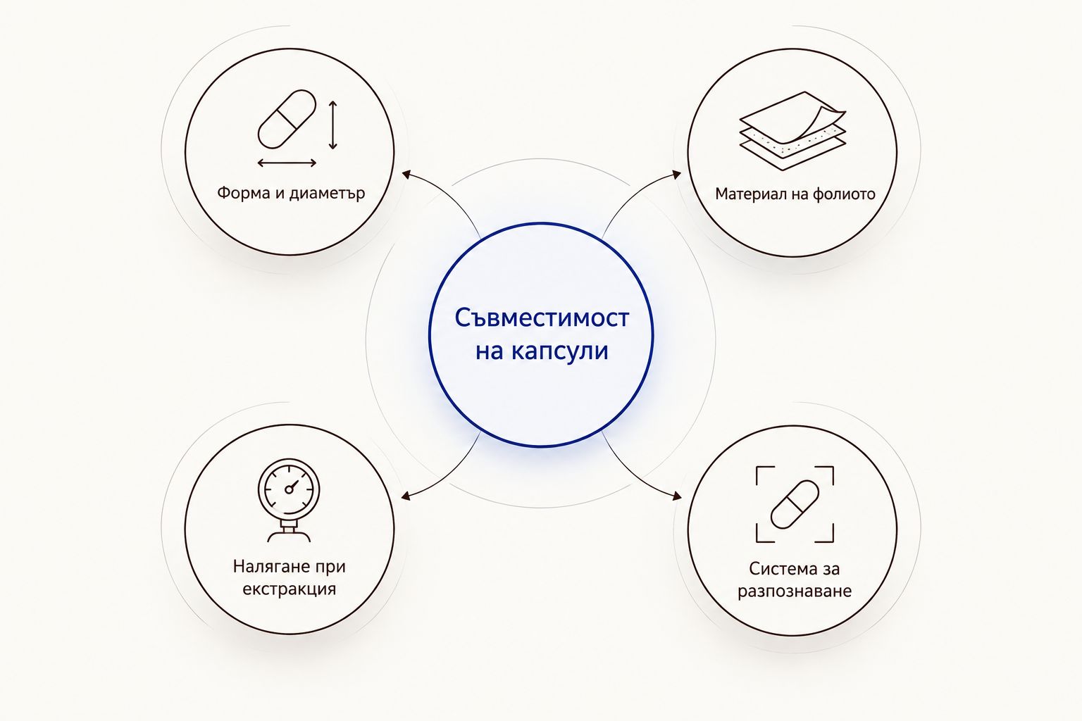 Диаграма с четири фактора, определящи съвместимостта на капсулите
