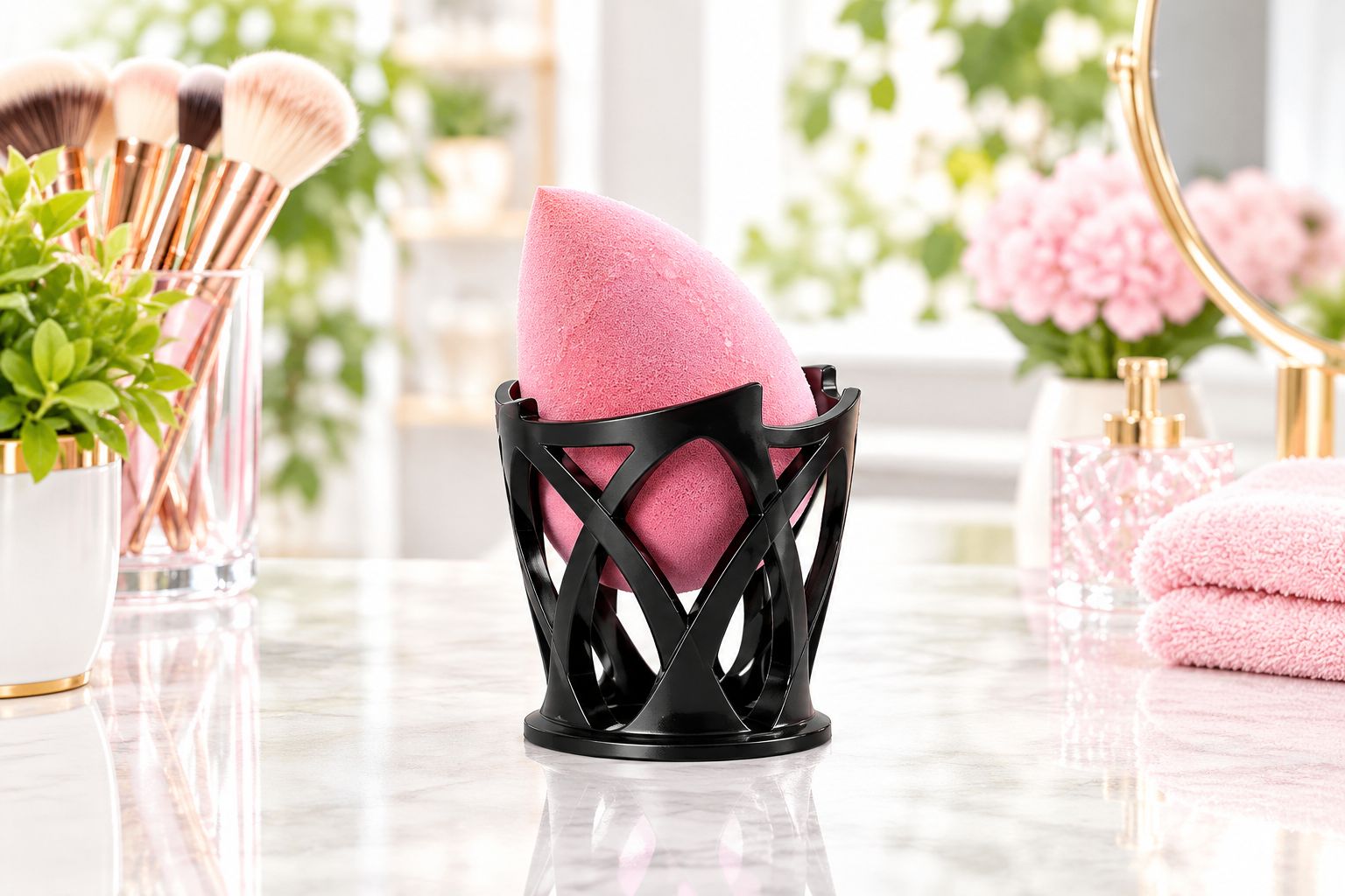 A makeup sponge resting in an open stand with its contact point visible