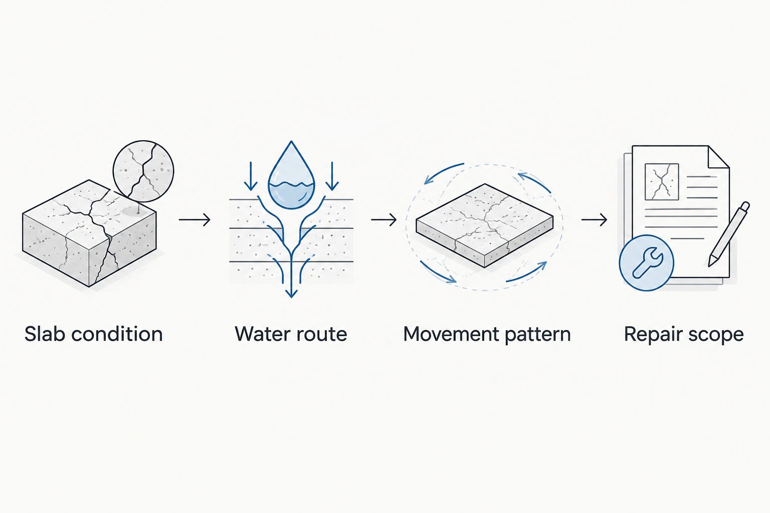 Four assessment steps covering concrete condition, water, movement history and repair scope