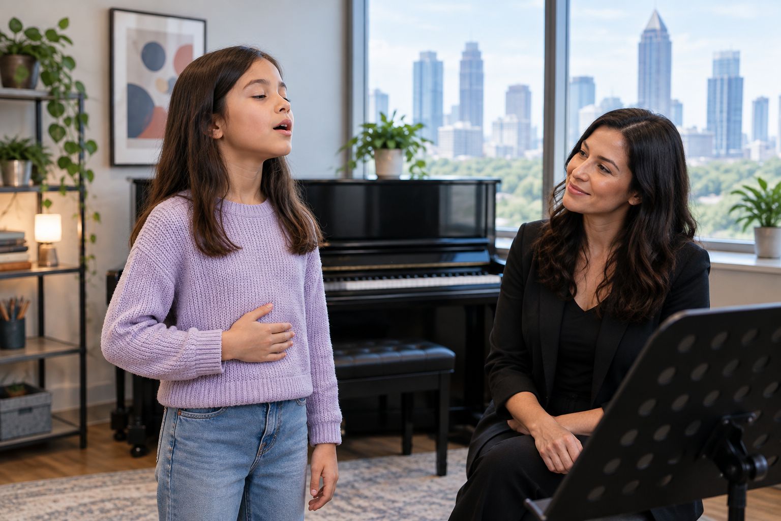 Young student practicing breath support during a voice lesson in a studio