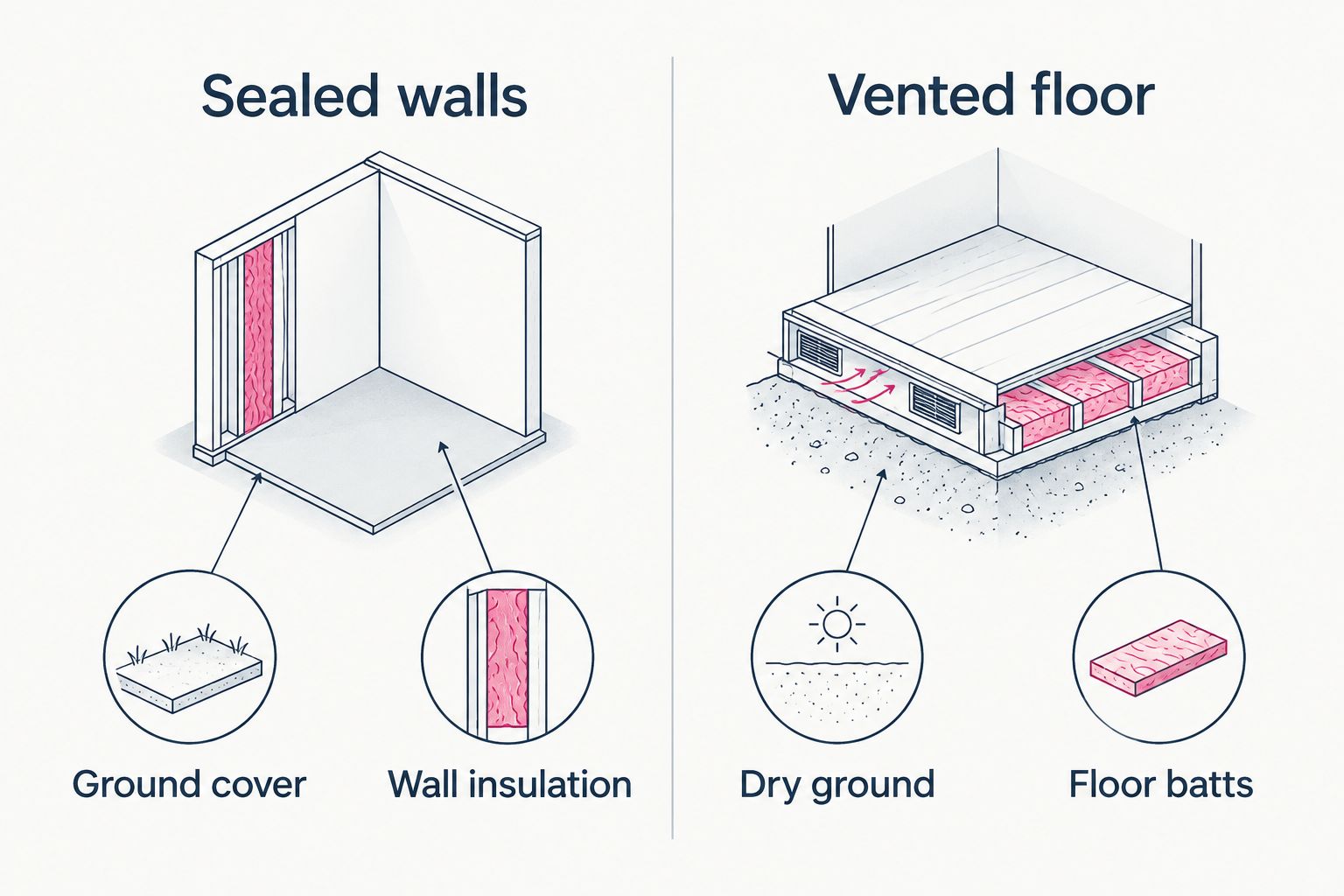 Comparison of insulation at sealed crawl-space walls and beneath a vented crawl-space floor