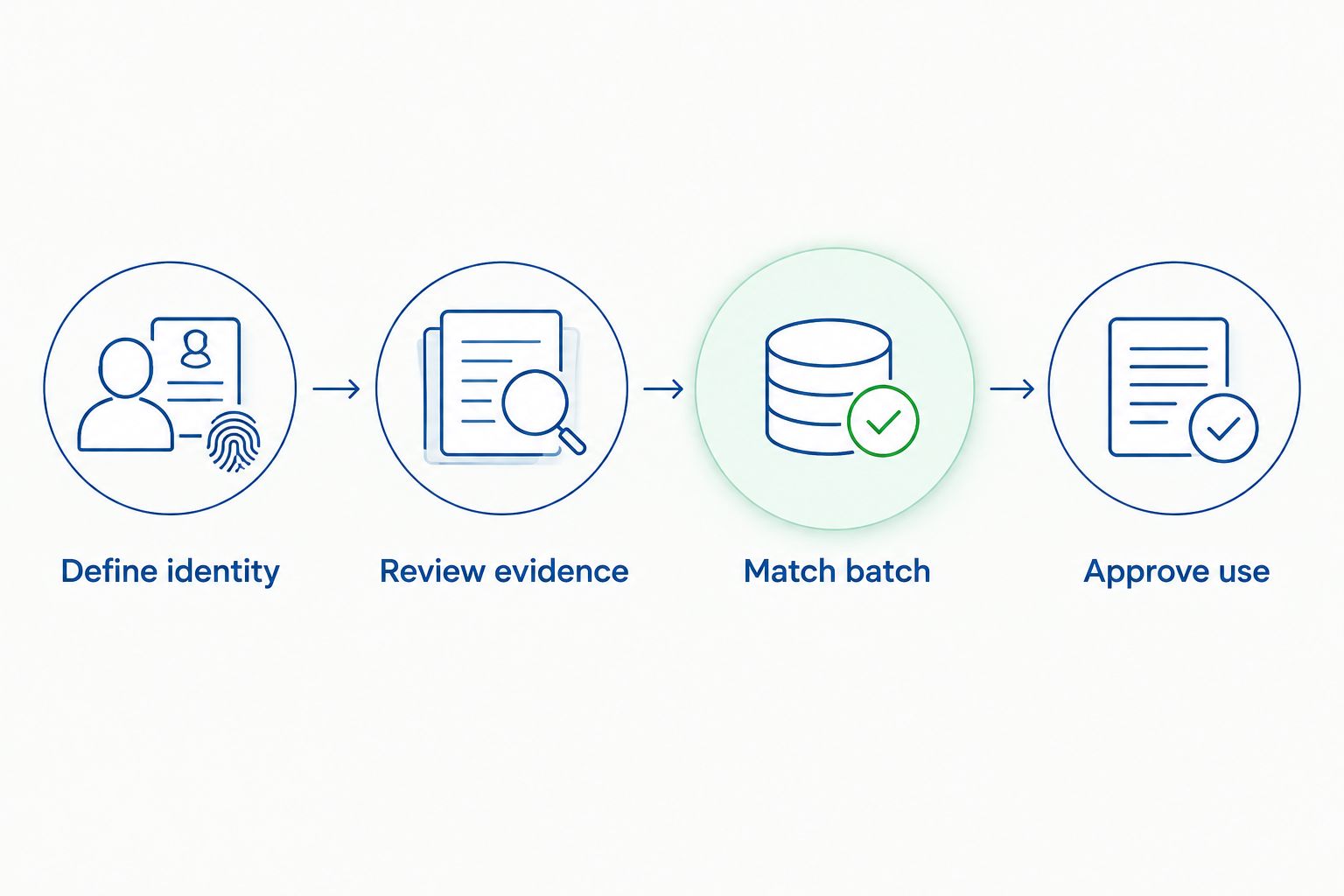 Four procurement checks connecting reagent identity, analytical evidence, batch matching, and research approval.
