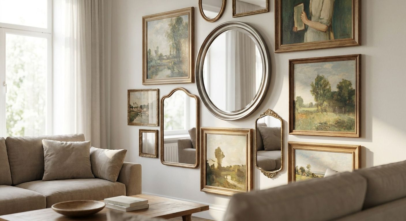 How to layer canvas art with mirrors on one wall