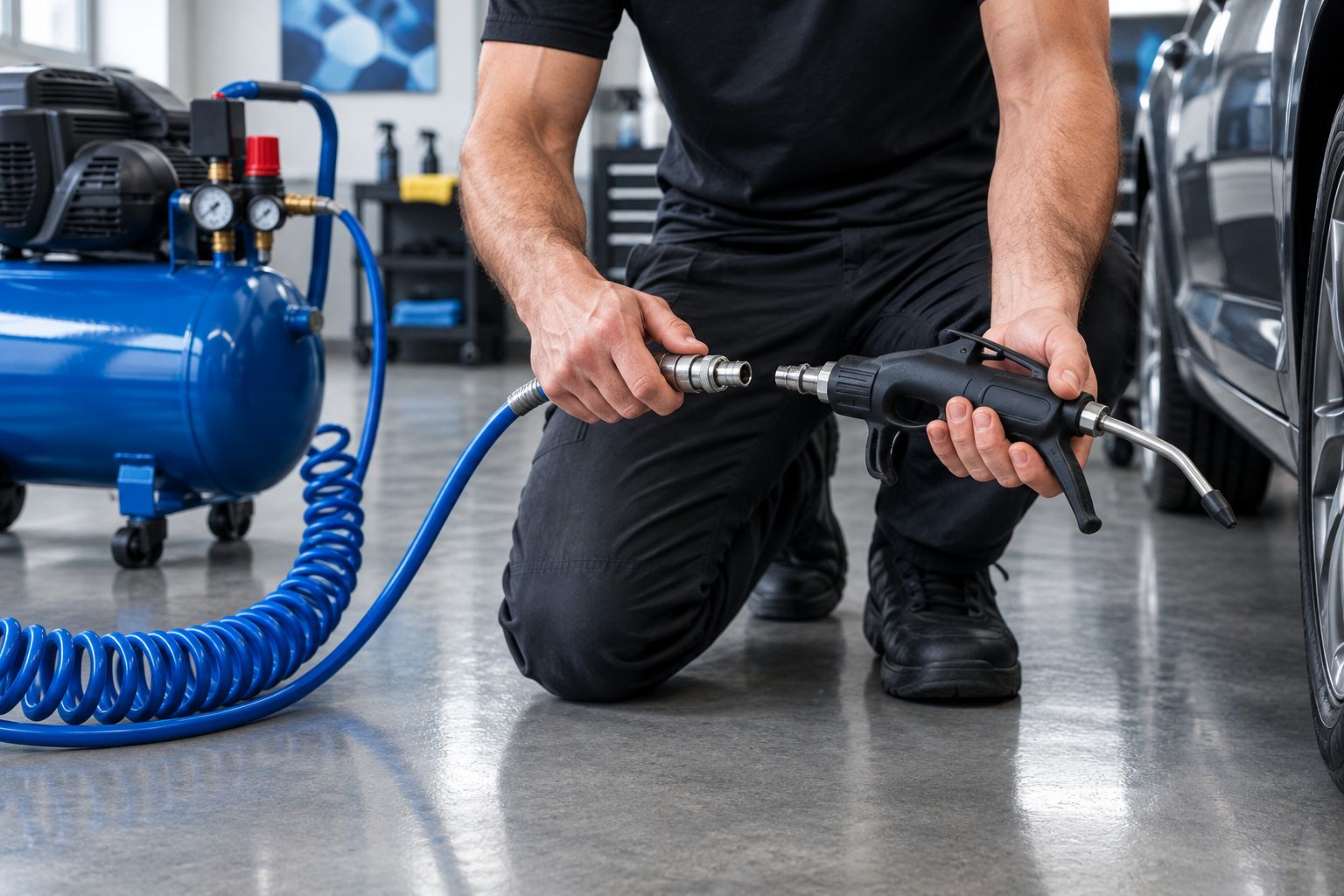 Detailer checking the hose coupler on a compressed-air cleaning tool before vehicle use